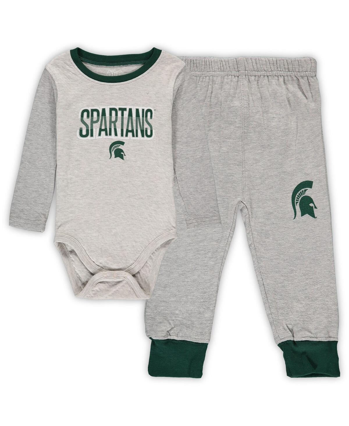 Wes & Willy Infant  Heathered Gray/green Michigan State Spartans Jie Jie Long Sleeve Bodysuit & Pants In Heathered Gray,green