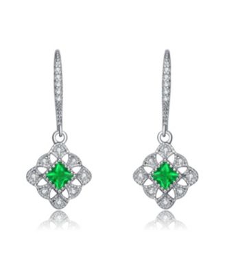 Sterling Silver White Gold Plated Radiant and Round Cubic Zirconia Adorn Leverback Earrings