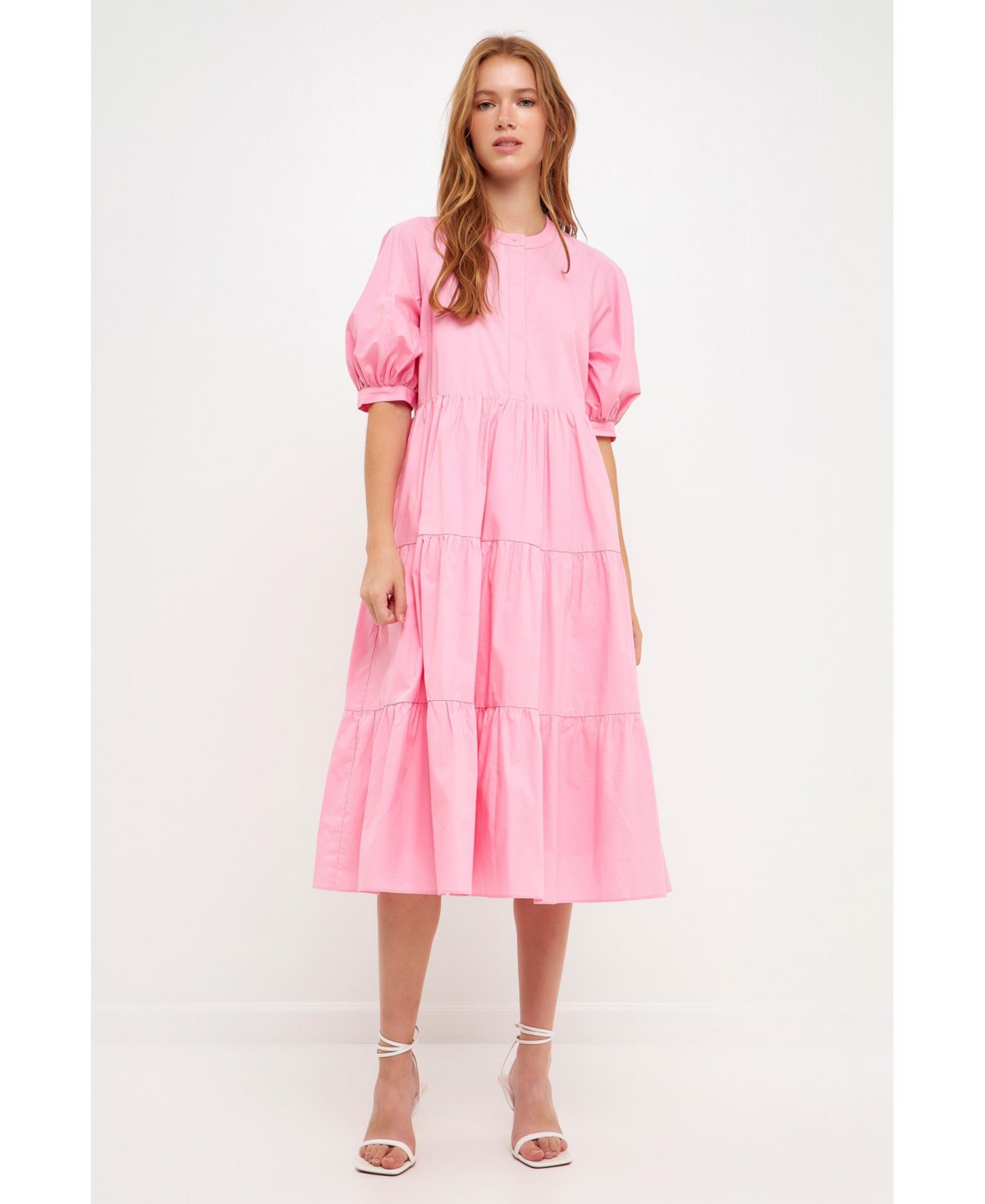 Shop English Factory Women's Short Puff Sleeve Midi Dress In Pink