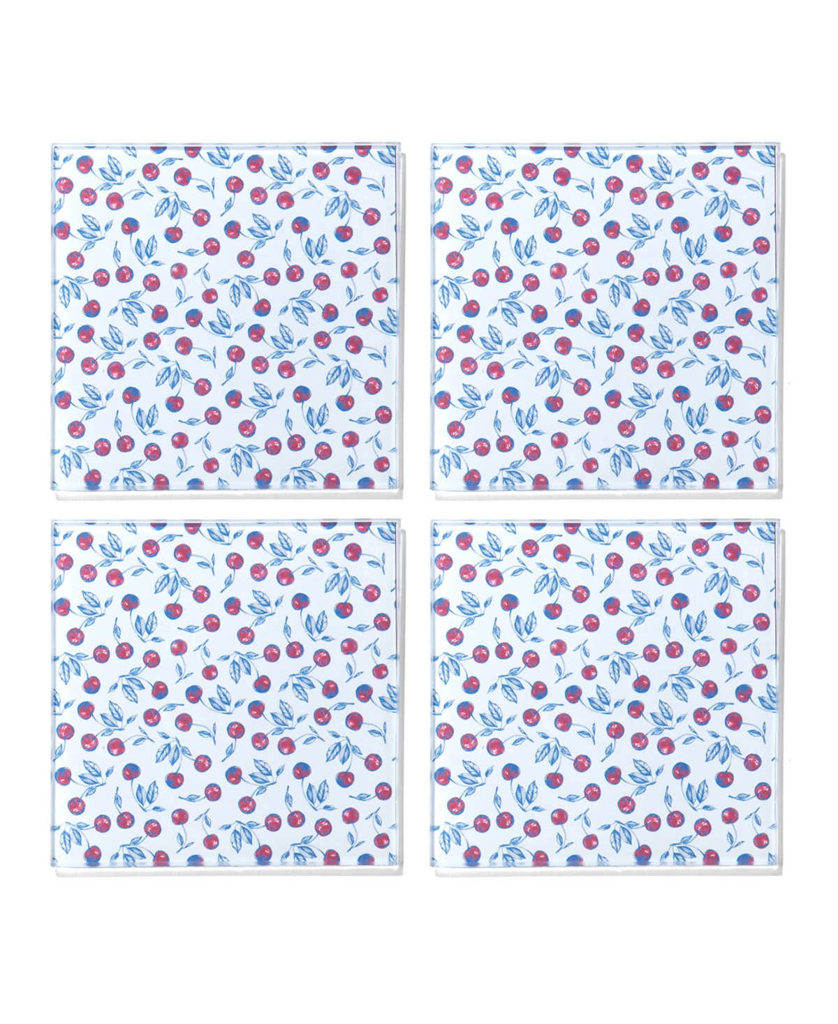 American Atelier 4 X 4" Cherries Galore Glass Coasters Set, 4 Piece In Blue