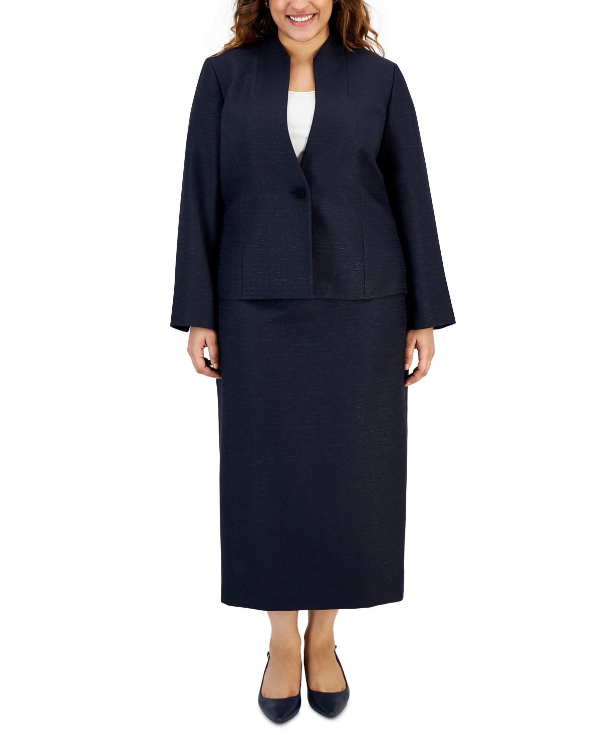 Le Suit Plus Size Shimmer Tweed Jacket & Midi Skirt In Navy
