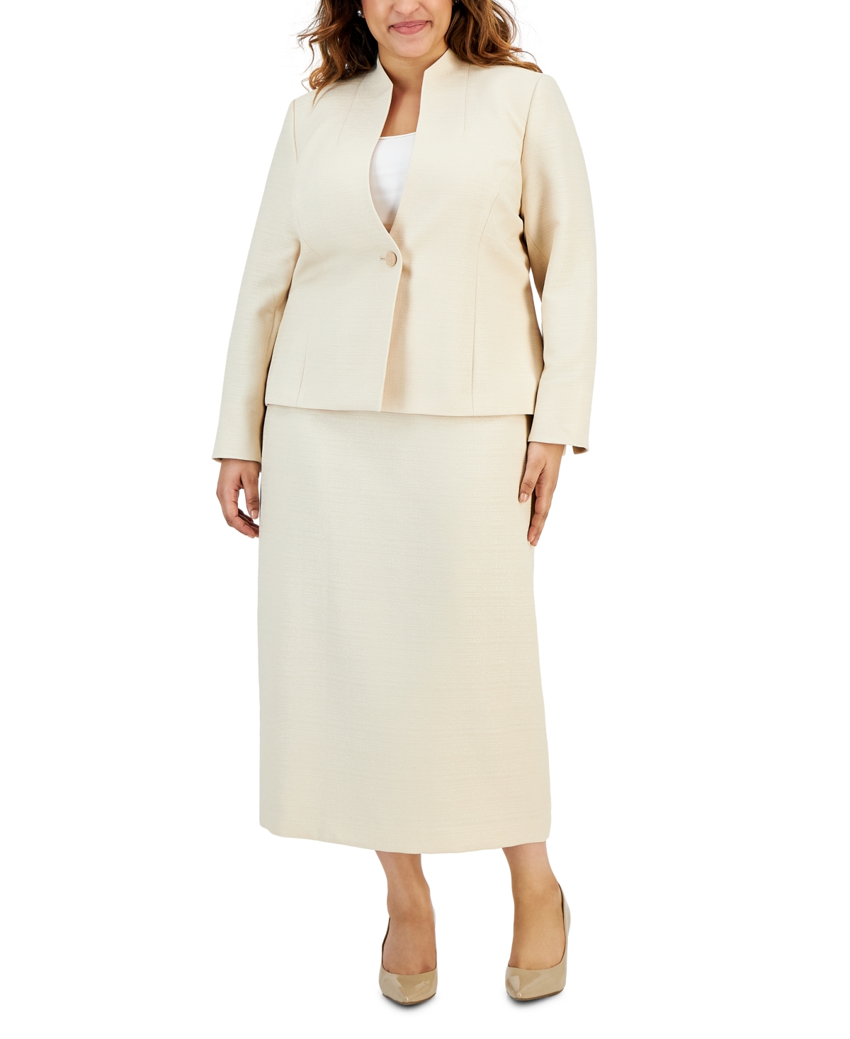 Le Suit Plus Size Shimmer Tweed Jacket & Midi Skirt