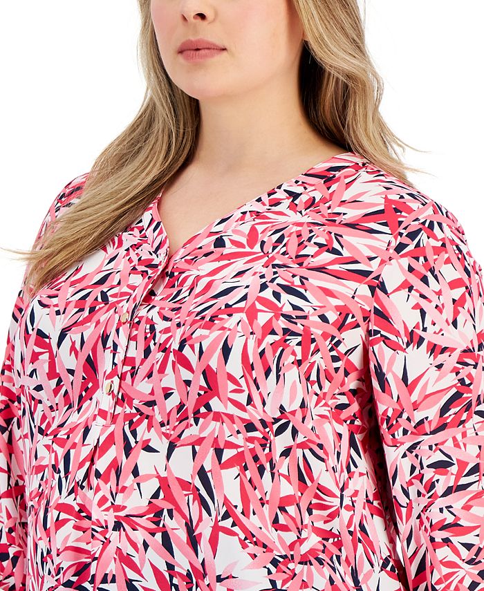JM Collection Plus Size Floral-Print Roll-Tab-Sleeve Top, Created for ...