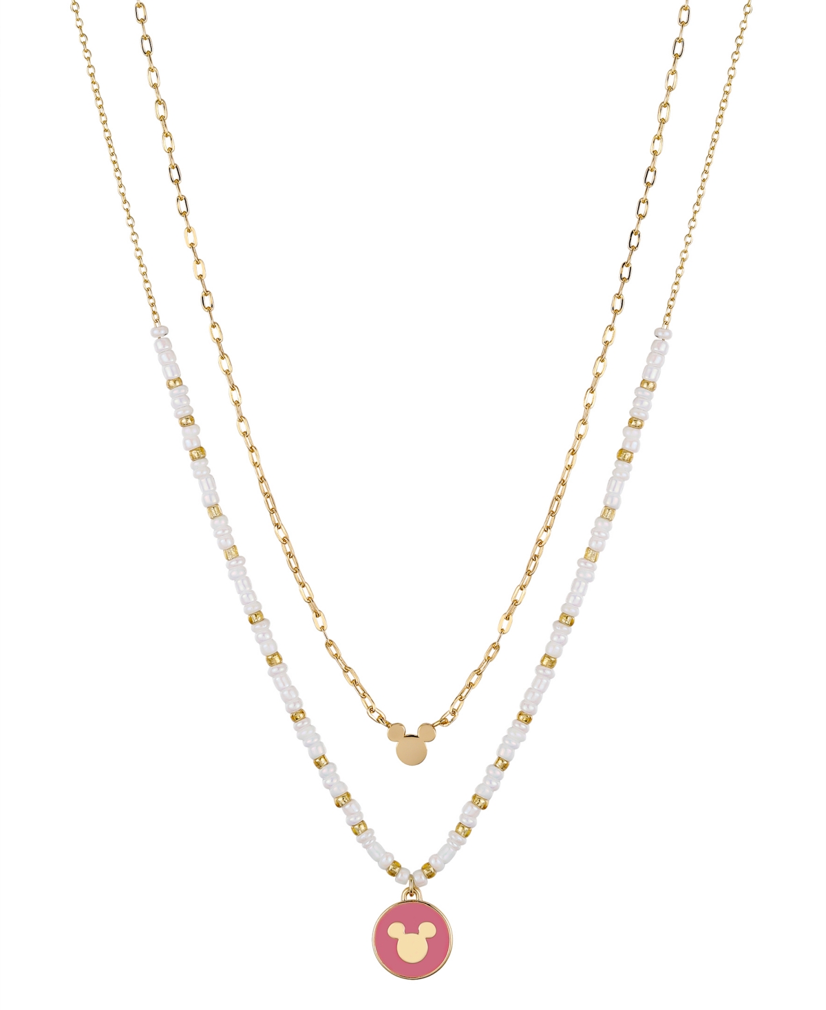 Disney 14k Gold Plated Mickey Mouse Pink Charm White Beaded And Link Chain Necklace Set, 2 Piece
