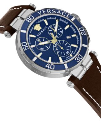 Men's Swiss Chronograph Greca Brown Leather Strap Watch 45mm