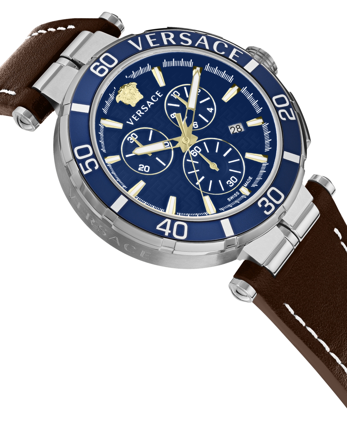 Shop Versace Men's Swiss Chronograph Greca Brown Leather Strap Watch 45mm In Stainless Steel