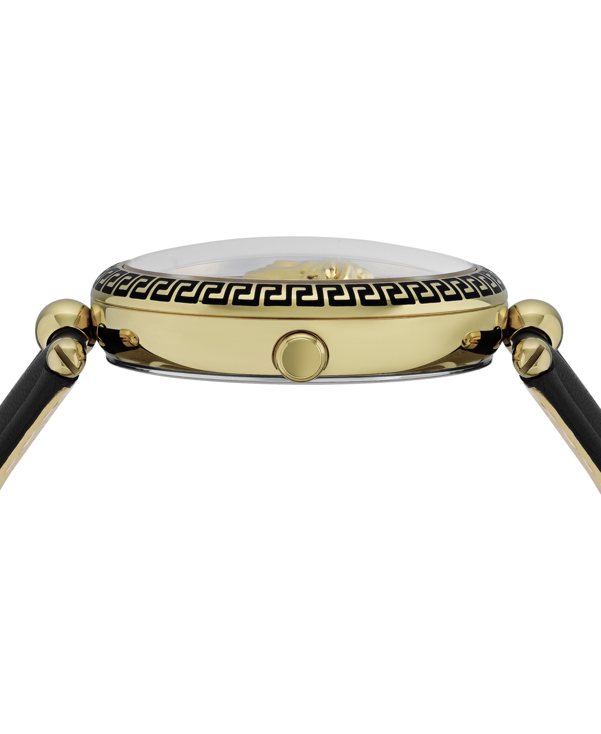 Shop Versace Women's Palazzo Empire Black Leather Strap Watch 39mm In Ip Yellow Gold