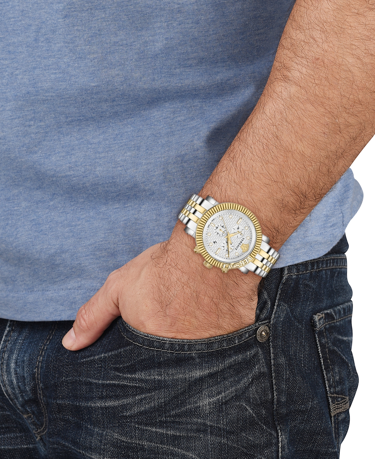 Shop Versace Men's Swiss Chronograph V-chrono Two-tone Bracelet Watch 45mm In Two Tone
