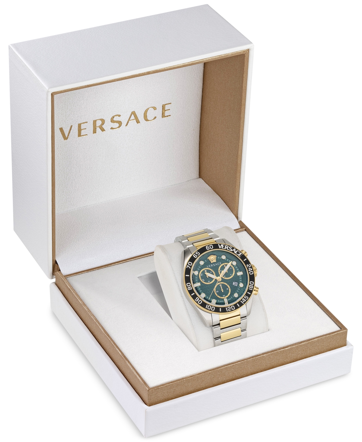 Shop Versace Men's Swiss Chronograph Greca Dome Two Tone Bracelet Watch 43mm