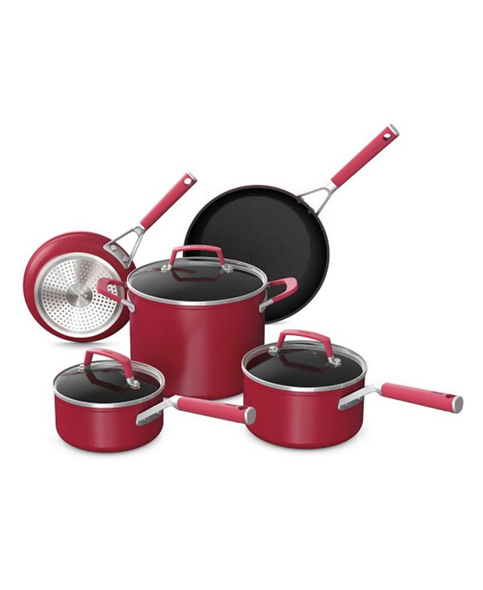 8 Piece Petite Aluminum Non-Stick Cookware Set, Red and White, 8