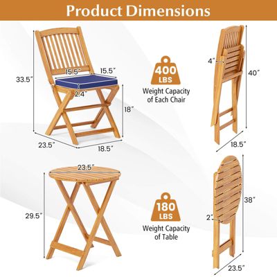 3PCS Patio Folding Wooden Bistro Set Cushioned Chair Conversation