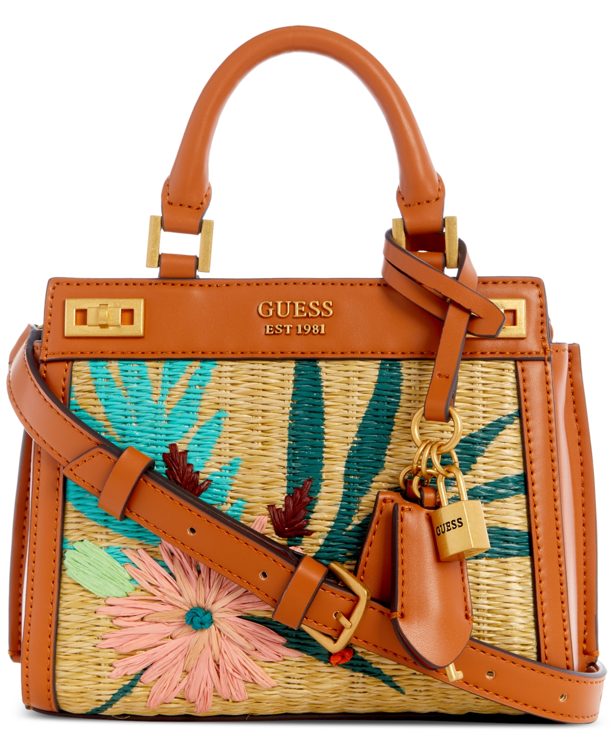 Guess Katey Mini Embroidered Luxury Satchel Crossbody In Natural/cognac