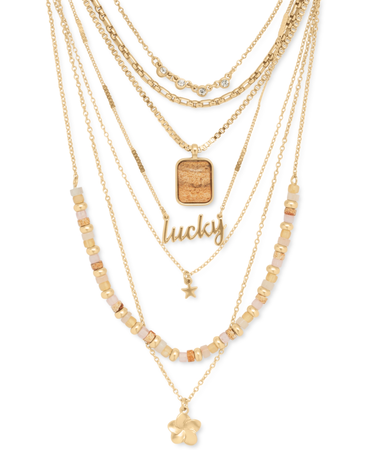 Lucky Brand Gold-tone Mixed Charm Beaded Convertible Layered Pendant Necklace, 16" + 2" Extender