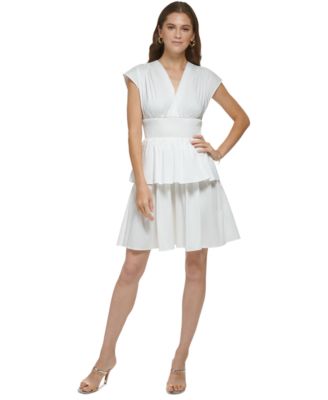 DKNY - Women's Surplice V-Neck Smocked-Waist Tiered Dress