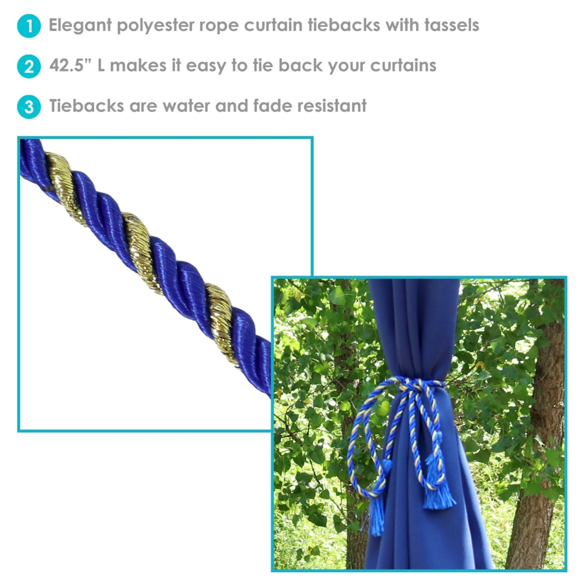 Sunnydaze Decor Rope Indoor and Outdoor Curtain Tiebacks -- Set of 4 - Blue