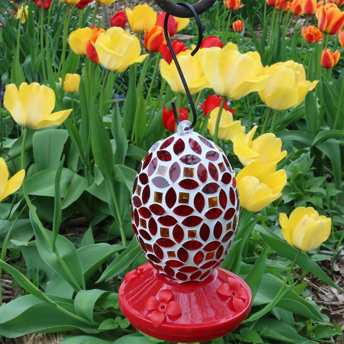 Sunnydaze Decor Glass Oval Mosaic Flower Outdoor Hummingbird Feeder - -- Red