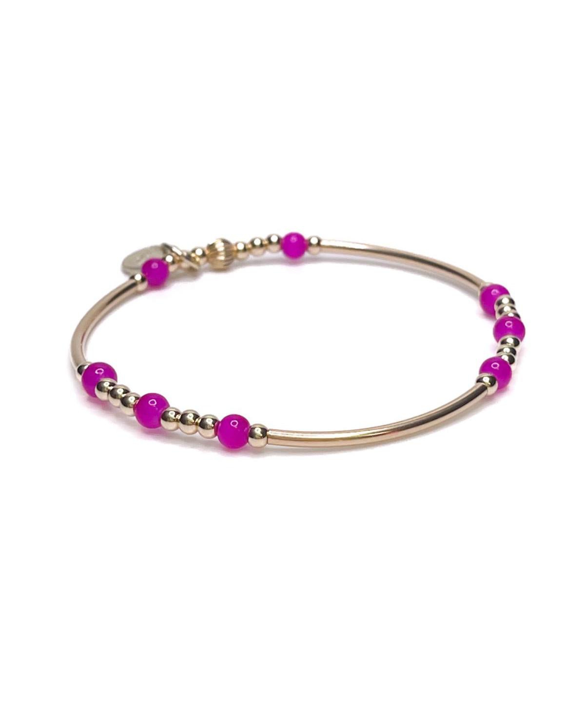 Non-Tarnishing Gold filled, 3mm Gold Ball , Gold Tube Stretch Bracelet & Colorful Pink Glass Beads - Gold  pink