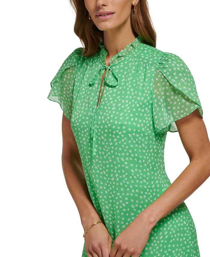 Ruffled Tie Neck Cap Sleeve Dress
