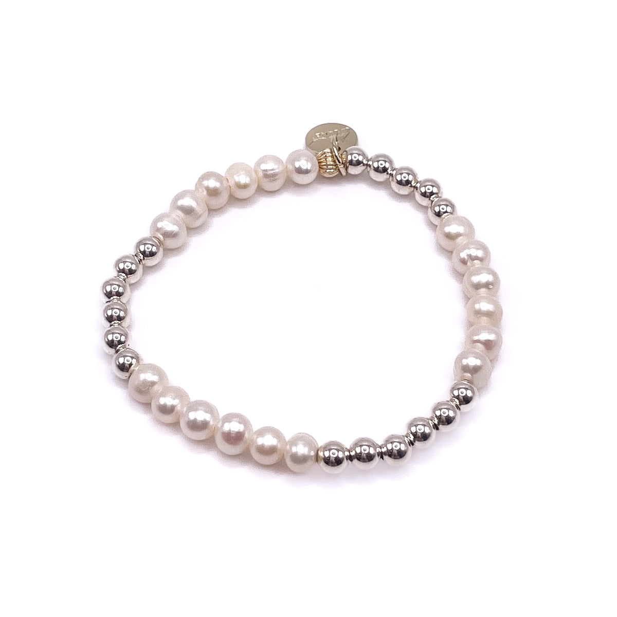 5mm Silver Ball and Freshwater Pearl Stretch Bracelet - Silver