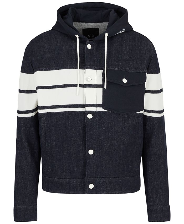 AX Armani Exchange Men's Block Striped Denim ButtonFront Hooded