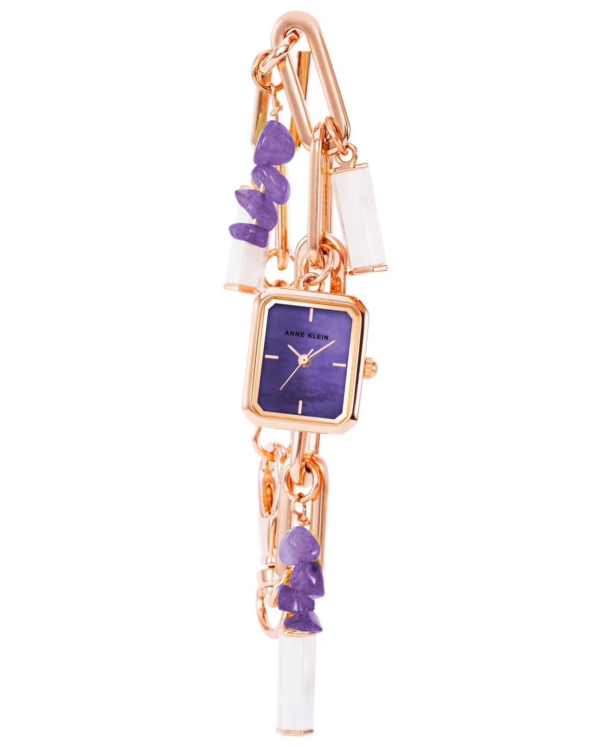 Anne Klein Women's Three Hand Rose Gold-tone Alloy Charm Watch, 18mm X 21.5mm In Rose Gold-tone,purple