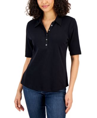 Karen Scott - Petite Cotton Elbow Sleeve Henley Shirt