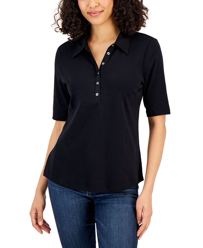 Karen Scott Petite Cotton Elbow Sleeve Henley Shirt, Created for Macy's -  Macy's