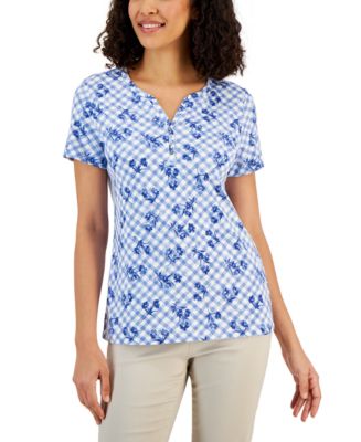 Karen Scott Petite Floral Plaid Henley T-Shirt, Created for Macy's - Macy's