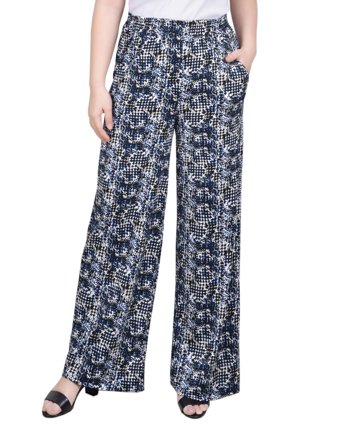 Ny Collection Petite Wide Leg Pull On Pants In Black Navy Abstract
