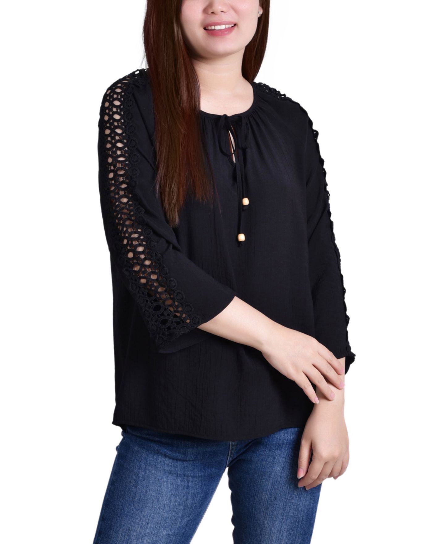 Женская блузка NY Collection Petite Crochet Detail 3/4 Sleeve, цвет: Чёрный — фото 1