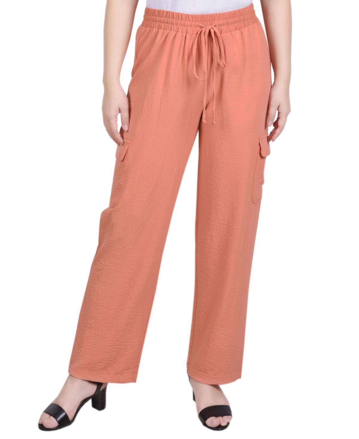 NY COLLECTION PETITE PULL ON STRAIGHT CARGO PANTS