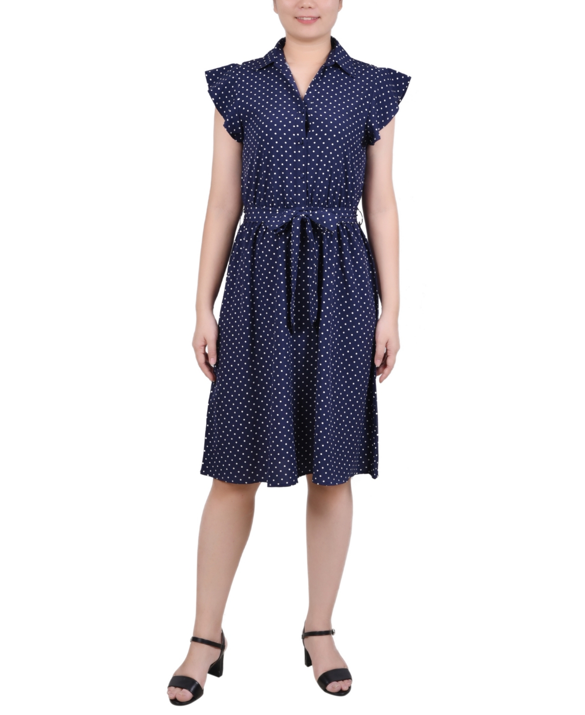 Shop Ny Collection Petite Belted Flutter Sleeve Printed Dress In Navy White Dot