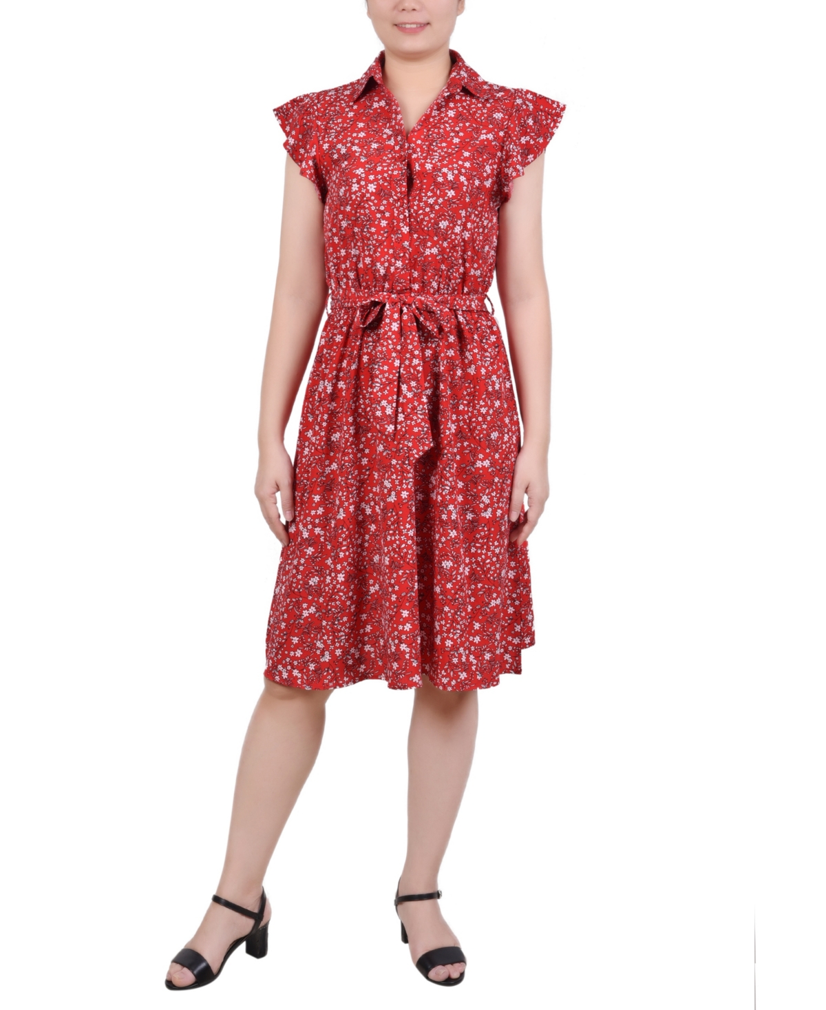 NY COLLECTION PETITE BELTED FLUTTER SLEEVE PRINTED DRESS