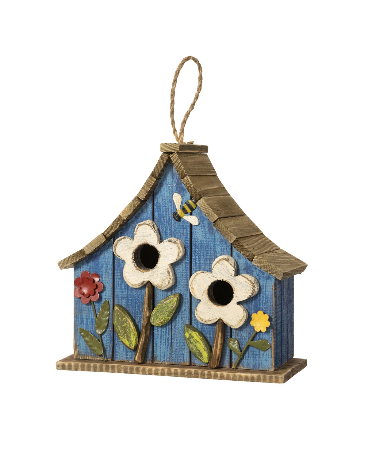 Glitzhome 10.5" H Distressed Solid Wood Birdhouse With 3d Flowers In Blue