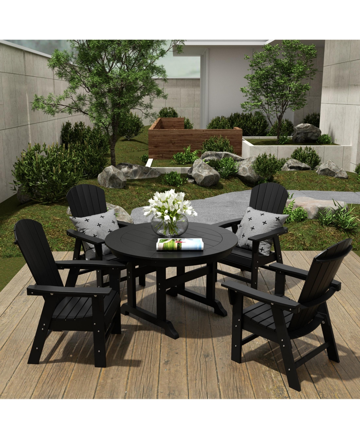 WestinTrends 5 Piece Outdoor Patio Dining Round Table and Shell Back Armchair Set