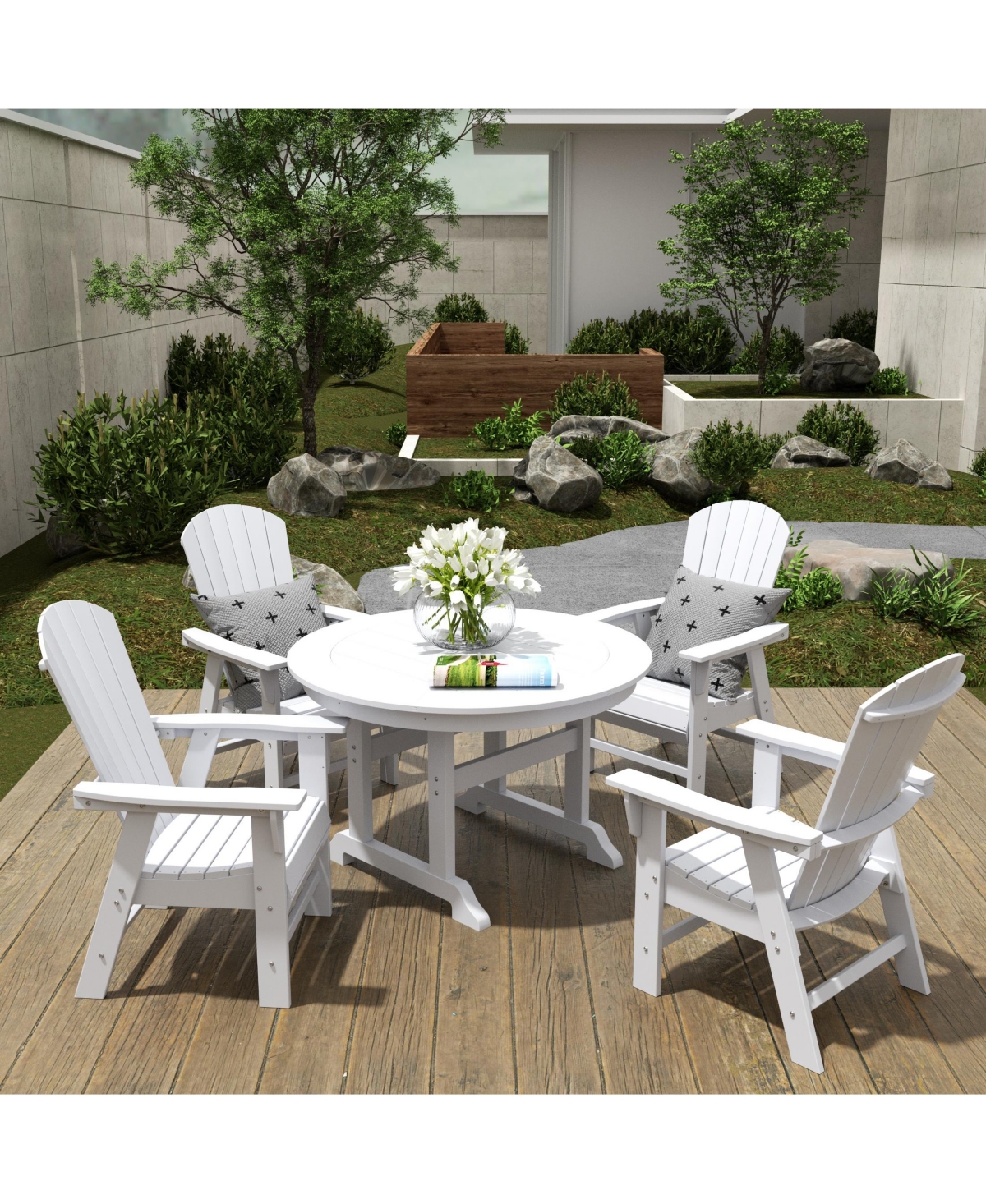 WestinTrends 5 Piece Outdoor Patio Dining Round Table and Shell Back Armchair Set
