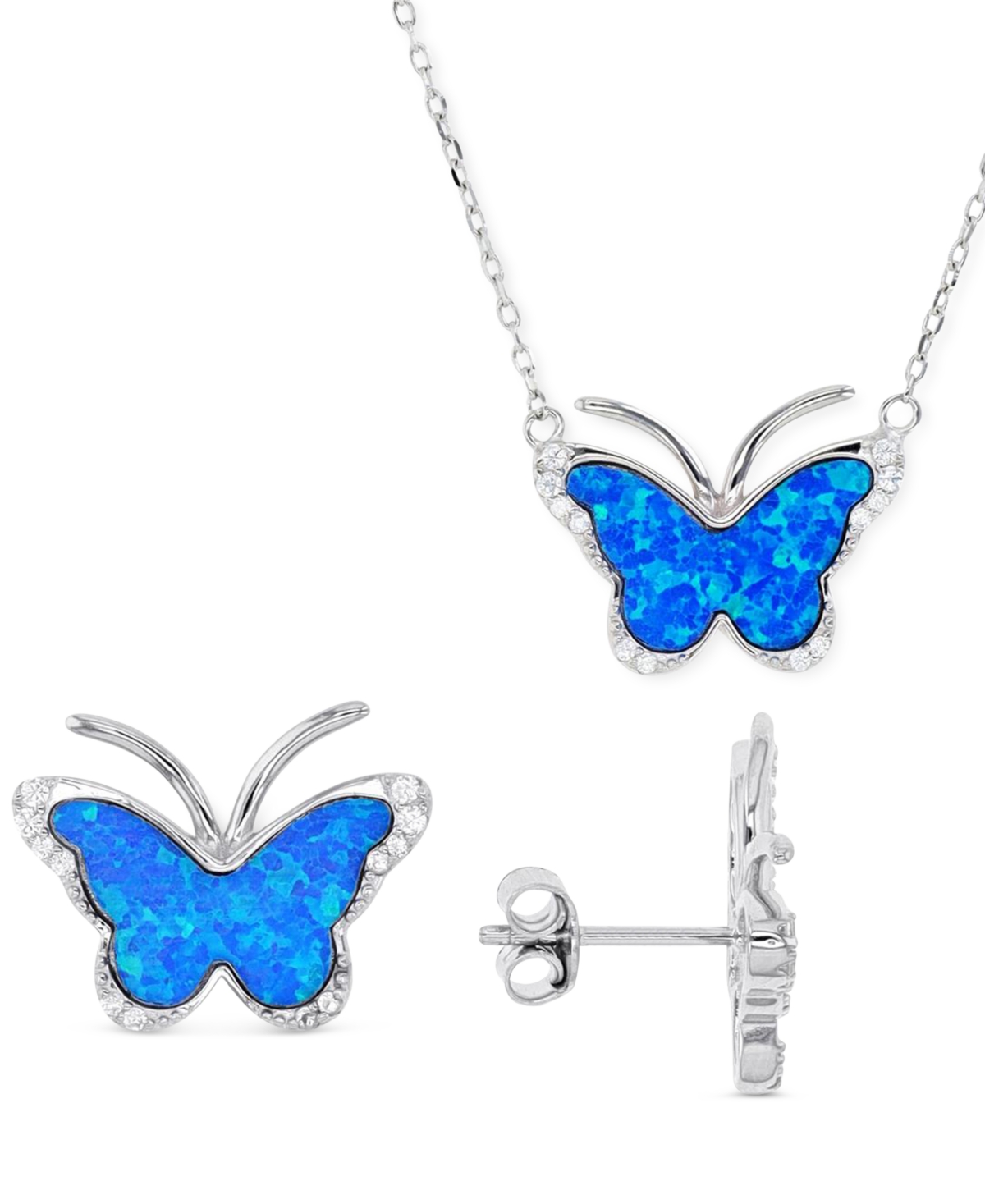 Macy's 2-pc. Set Lab-grown Opal & Cubic Zirconia Butterfly Pendant Necklace & Matching Stud Earrings In Sterling Silver