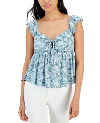 Almost Famous - Juniors' Flutter-Sleeve Tie-Front Babydoll Top