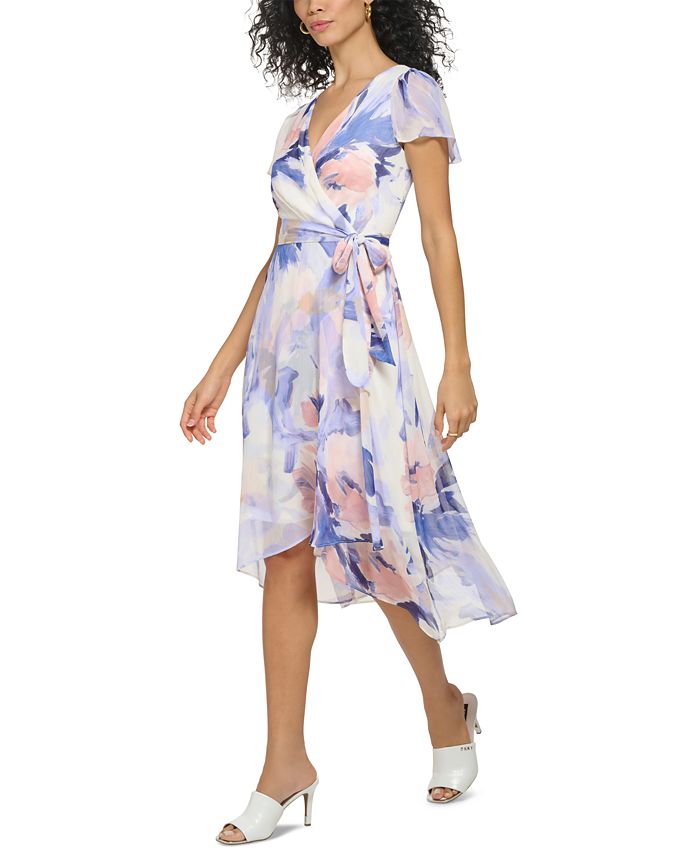 DKNY Women's Floral-Print V-Neck Faux-Wrap Dress - Macy's