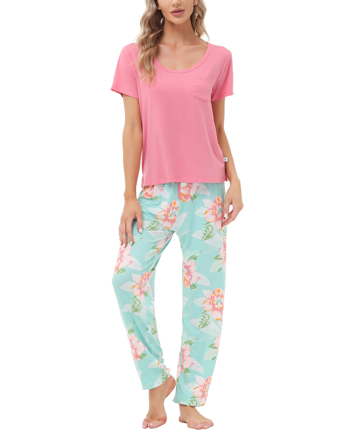 Echo Women's Short Sleeve Pocket T-shirt With Printed Jogger Pants 2 Piece Pajama Set In Brimfield Winter