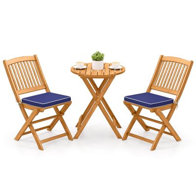 3PCS Patio Folding Wooden Bistro Set Cushioned Chair Conversation Garden