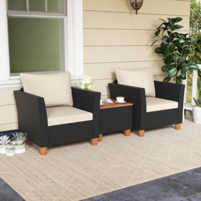 3PCS Outdoor Patio Rattan Furniture Set Wooden Table Cushioned Sofa