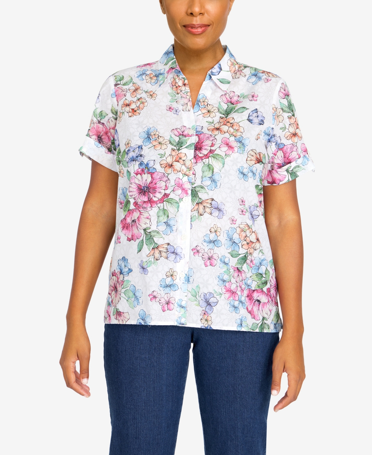 ALFRED DUNNER PETITE CLASSICS WATERCOLOR FLORAL SHORT SLEEVE BUTTON DOWN TOP