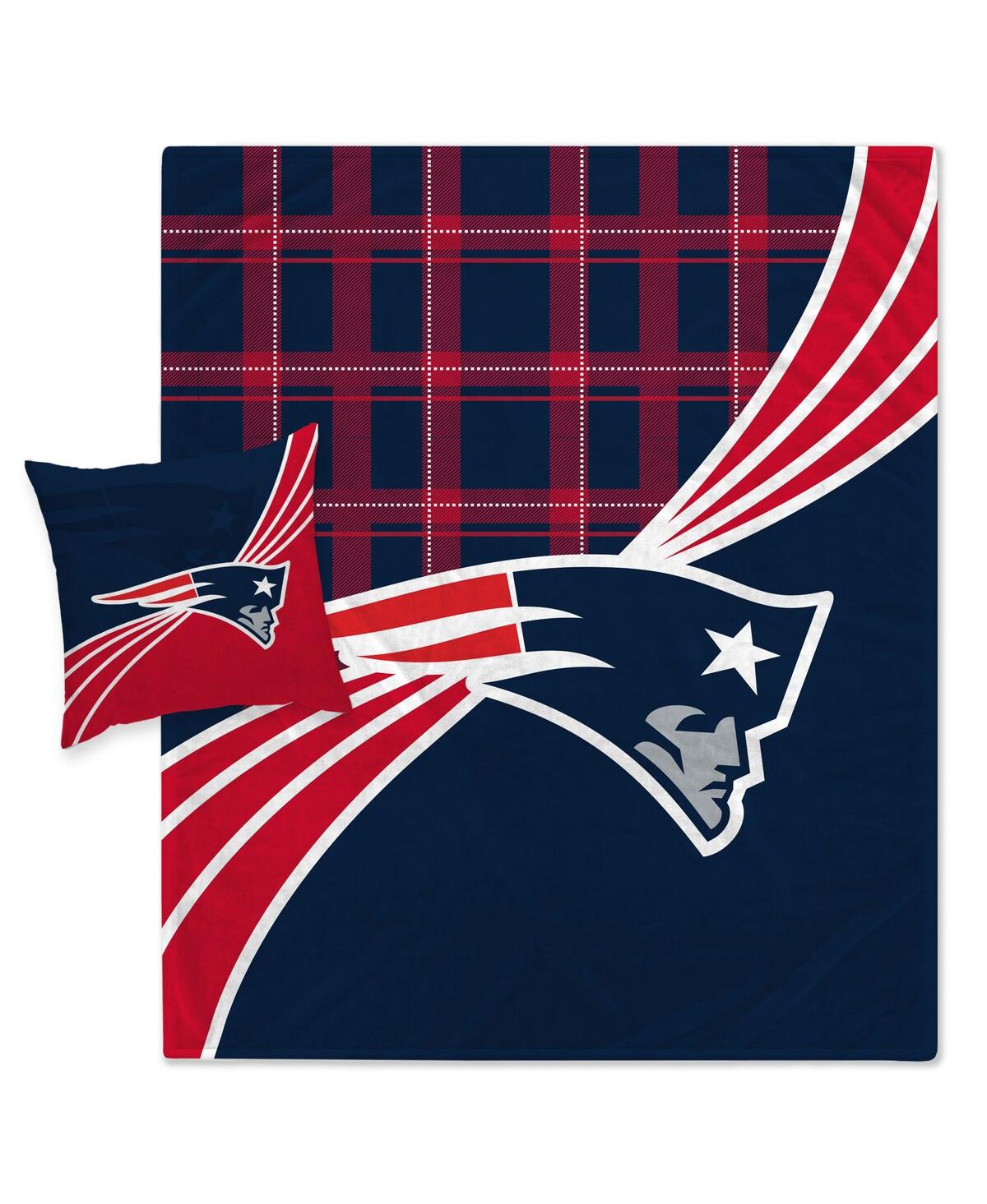 Pegasus Home Fashions New England Patriots Plaid Wave Flannel Fleece Blanket And Pillow Combo Set In Navy