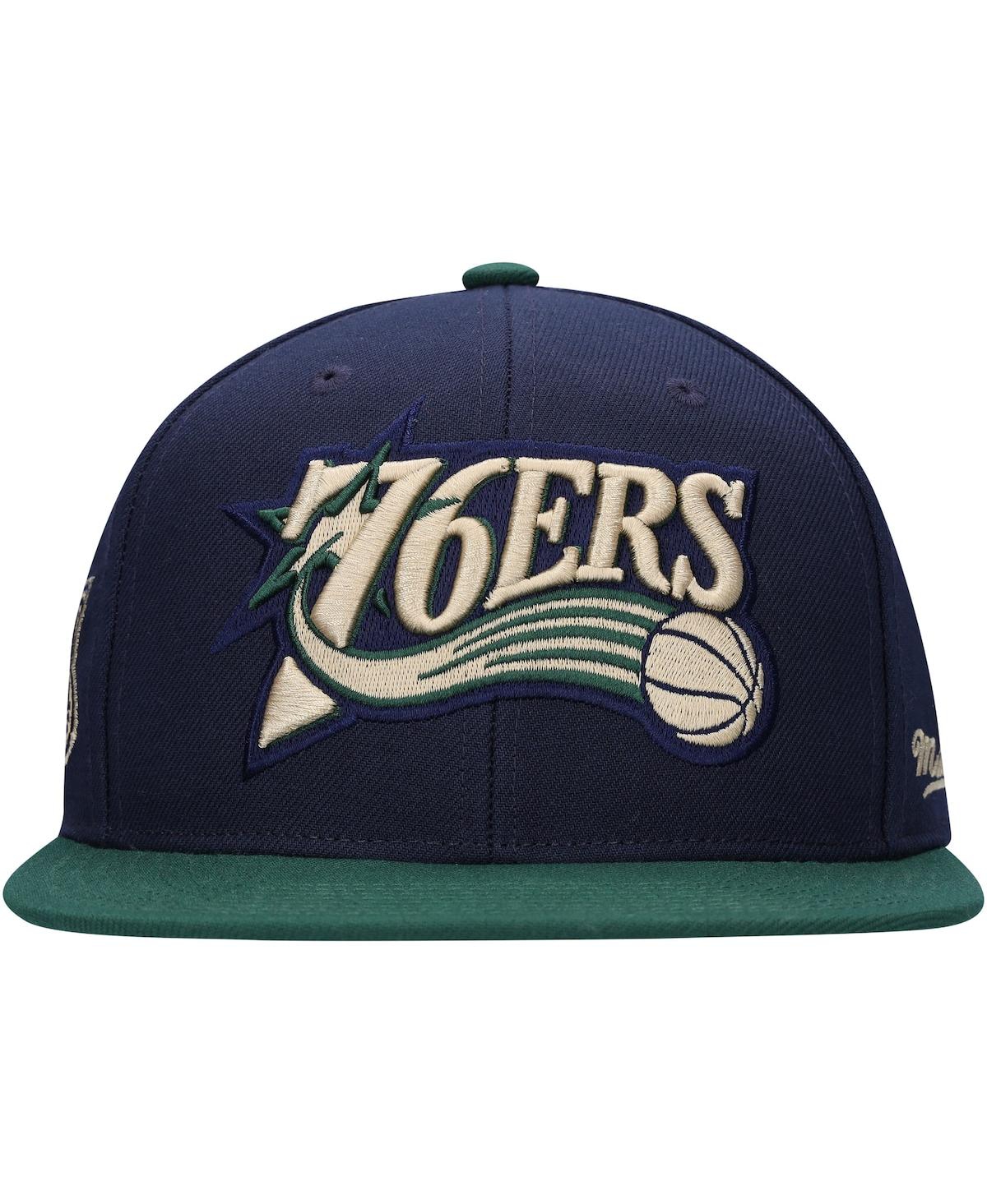 Shop Mitchell & Ness Men's  Navy, Green Philadelphia 76ers Hardwood Classics Grassland Fitted Hat In Navy,green