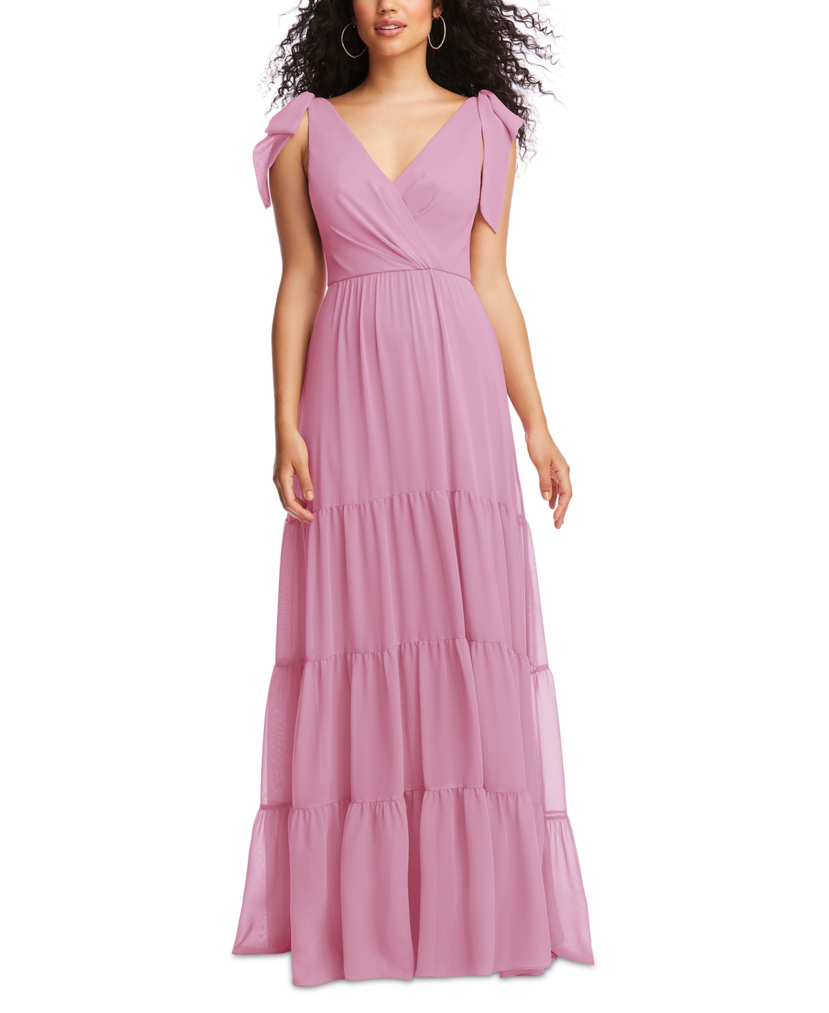 Dessy Collection Plus Size Bow-Shoulder Faux Wrap Maxi Dress with Tiered Skirt