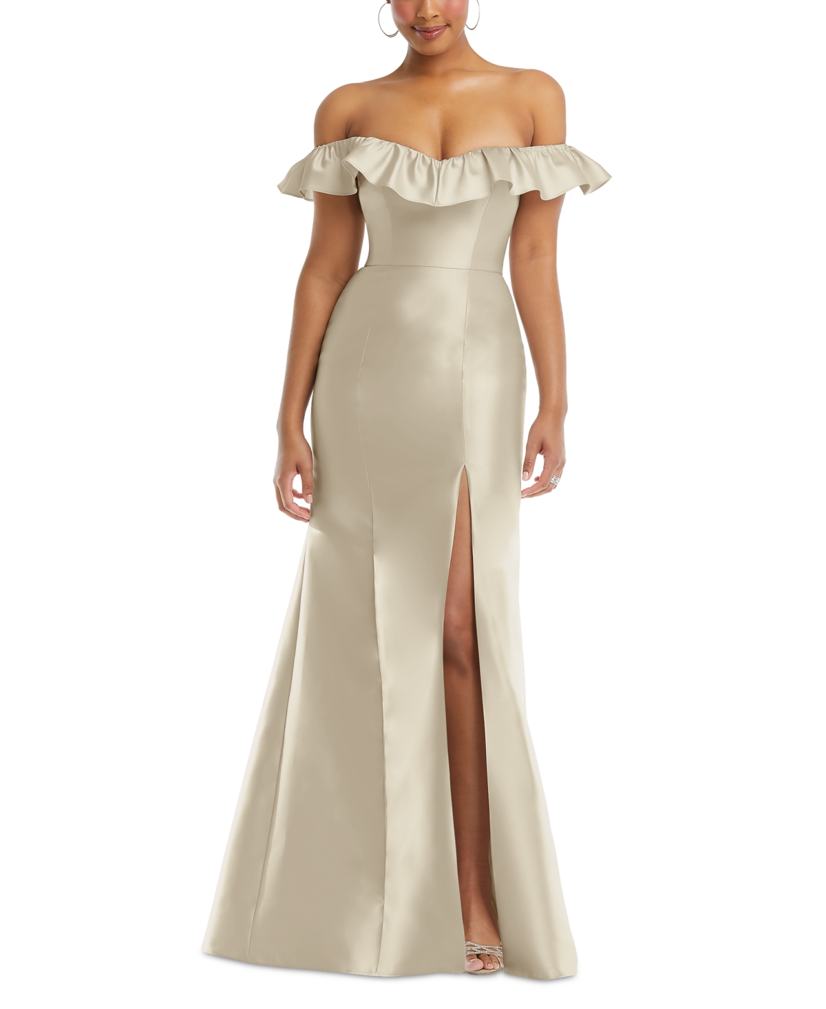 Women's Off-the-Shoulder Ruffle Neck Satin Trumpet Gown - Champagne