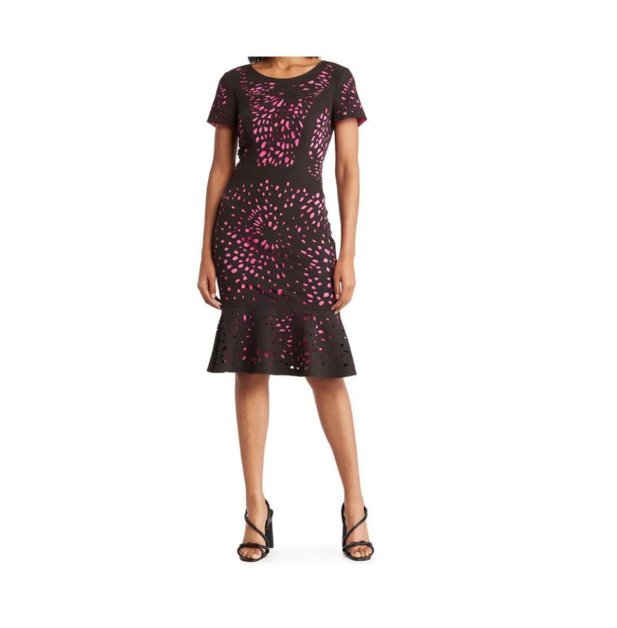 Focus By Shani Laser Cutting Dress With Flounce For Women In Black/pink