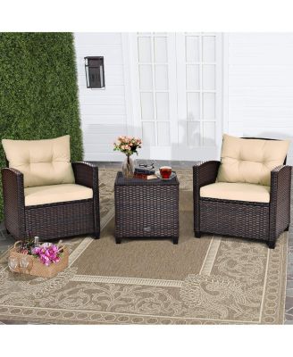 3PCS Patio Rattan Furniture Set Cushioned Sofa Coffee Table Garden
