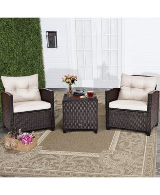 3PCS Patio Rattan Furniture Set Cushioned Sofa Coffee Table Garden